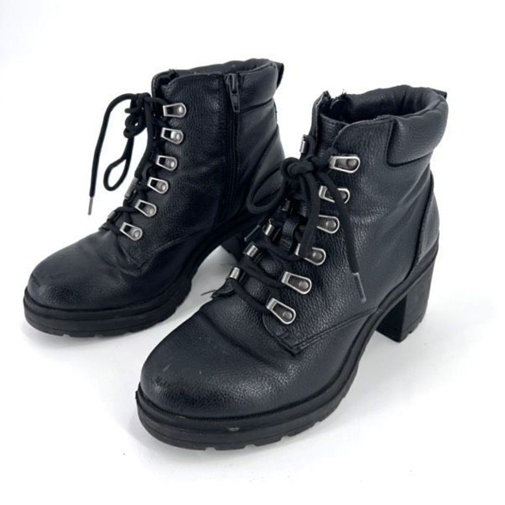 No Boundaries Y2K Black platform block heel boots 90s size 7 moto biker lace up